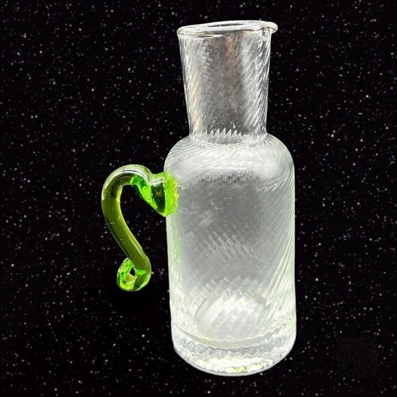 Vintage Clear Optical Clear Pitcher With Green Handle Jug Vase Art Glass 4.75”T - Picture 1 of 12